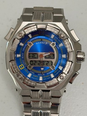 RENATO MEN'S MOSTRO ANA-DIGI WORLD TIME BLUE DIAL SWISS MADE ISA 9003 MOVEMENT