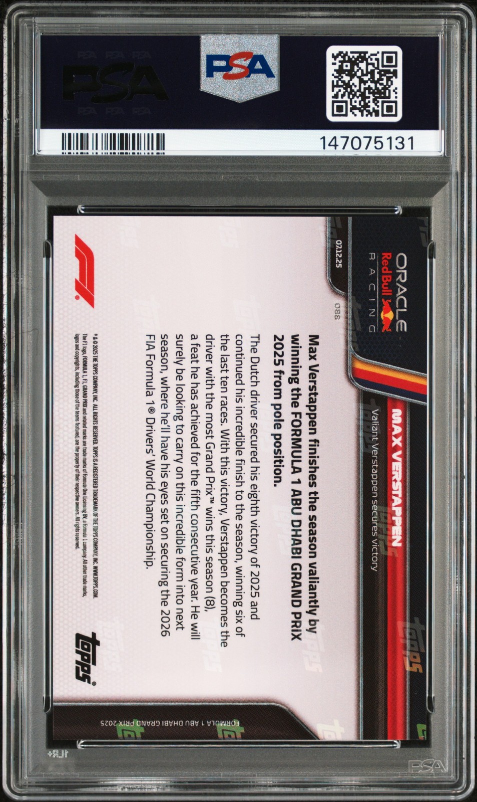 2025 TOPPS NOW FORMULA 1 #88 MAX VERSTAPPEN PSA 10 view 2