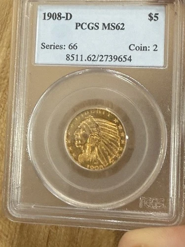 ⭐️1908-D $5 Indian Head Gold Half Eagle!! Better Date! PCGS MS-62!!