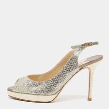 Jimmy Choo Nova Size 35 Gold Glitter Peep Toe Slingback Pumps