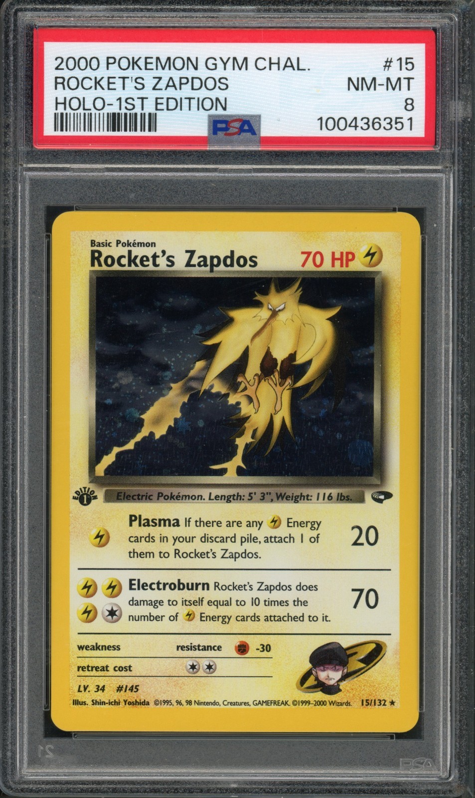 Pokemon PSA 8 NM-MT 1st Ed. Gym Challenge Holo Rocket's Zapdos 15/132