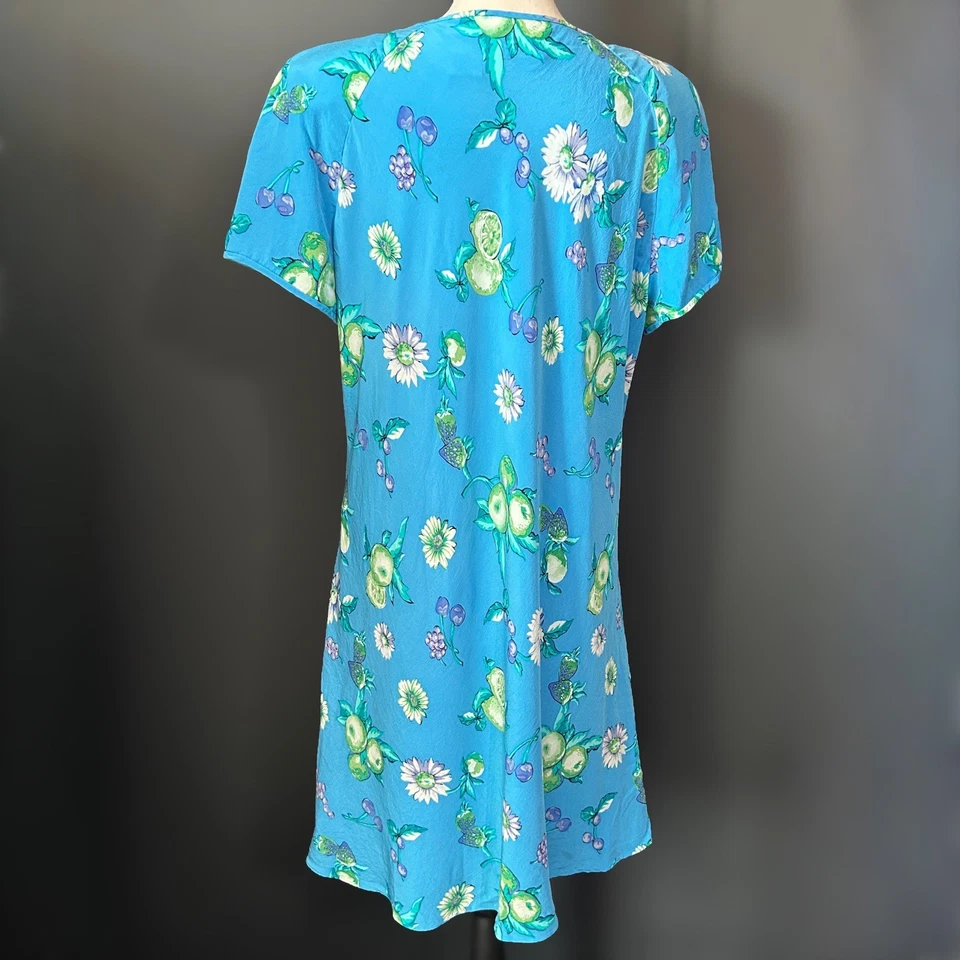 Vintage 90s 100% Silk Blue Fruit Floral Print Midi Dress Keyhole Twee Retro 12 - Image 4 of 4