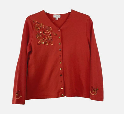 Breckenridge Cardigan Sweater Orange Button Up Embroidered Women's Size PM