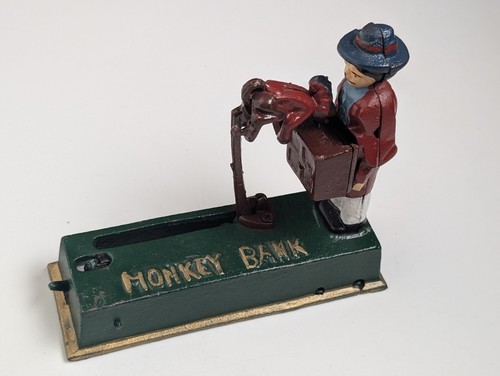 Mechanical Monkey Bank Cast Iron Coin Bank Organ Grinder Reproduction