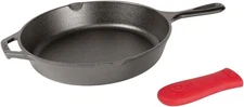 Lodge 12 Inch Cast Iron Skillet with Red Silicone Hot Handle Holder– Black