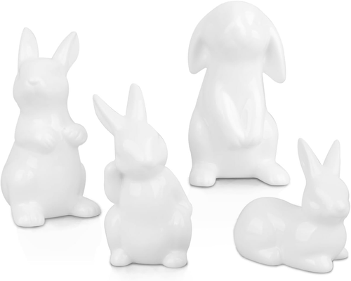 Easter Bunny Decor, 4 Pcs Glossy White Ceramic Bunny Figurines Spring Home Gifts