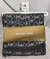 Michael Kors Scarf Hat Set Gray w/ Diamond Metallic Silver MK Logo Print