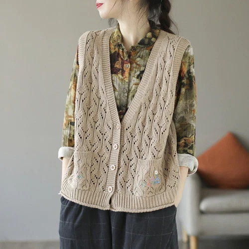 Women Knit Vest Hollow-out Tank Sleeveless Cardigan Gilet Embroidered Sweater - Picture 11 of 19