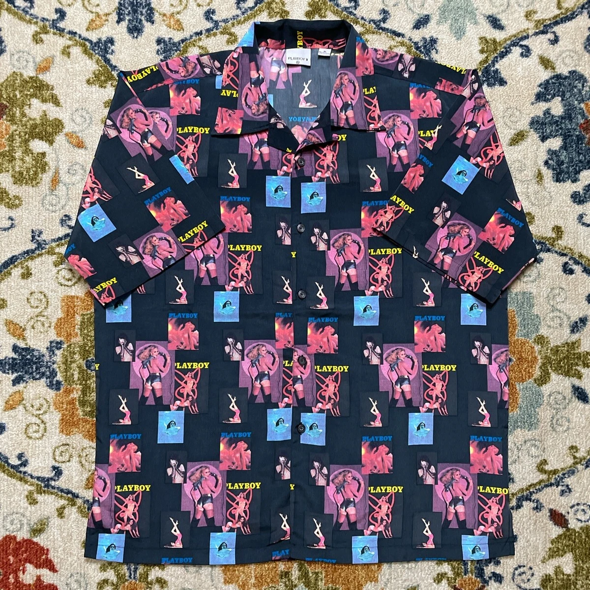 Vintage Playboy Magazine Cover Allover Print Poly Button Up Shirt Sz XL 90s
