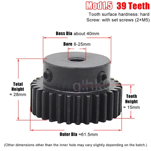 Mod1.5 Steel Pinion Gear Spur Gear 12-100 Teeth 4-25mm Bore With Screw Blackened - Picture 32 of 51