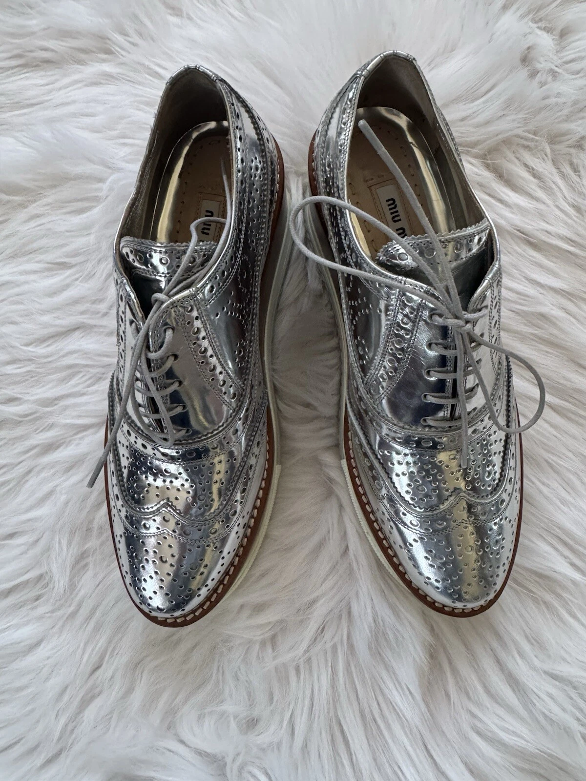 MIU MIU rare scarpe stringate argento pelle plateau 37 5
