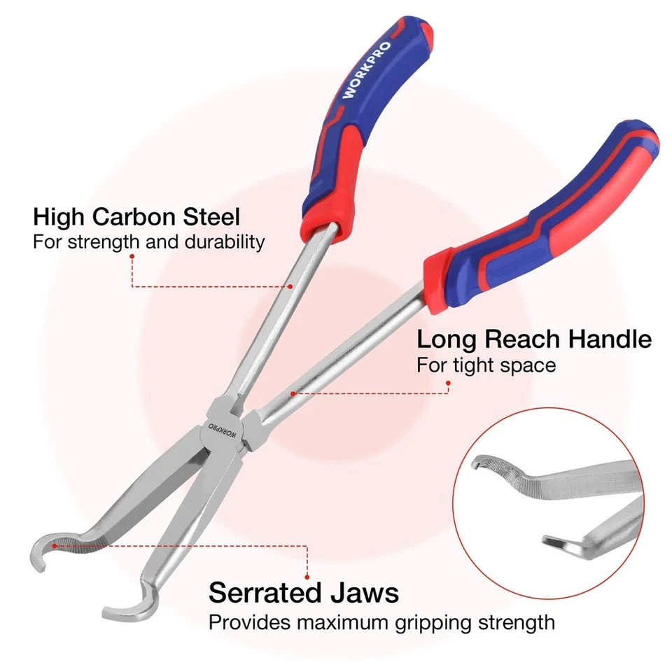 WORKPRO 3PC Long Reach Hose Grip Pliers Set 11" Ring Nose Hose Gripper Plier USA - Image 2 of 4