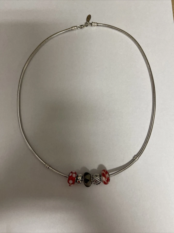 Pandora Plata Esterlina 17” Serpiente Cadena Collar con 3 Cuentas y 2 Espaciadores Usado