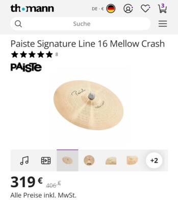Paiste Signature Line 16 Mellow Crash Becken Schlagzeug