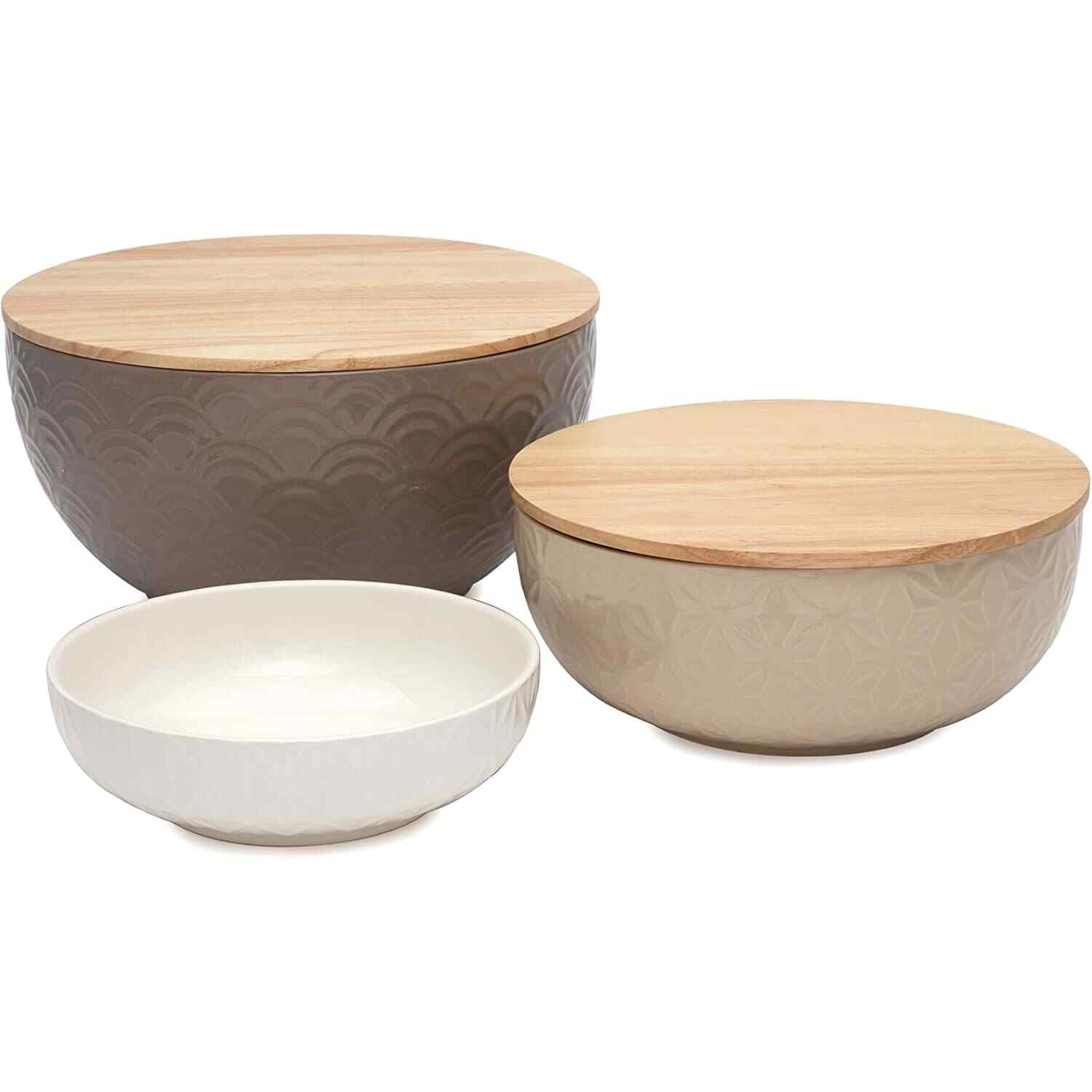 Thirstystone Ceramic Set of 3 Serving and Mixing Bowls, Acacia Wood Lids
