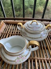 Antique Haviland Limoges Sugar Creamer Set Gold Pink Roses 1074 Schleiger  1909