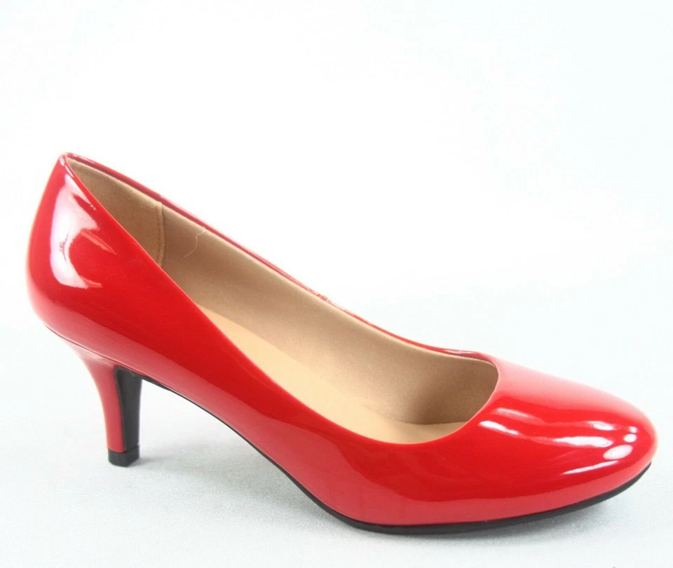 NUEVO Zapatos de salón cómodos de charol de tacón bajo punta redonda para mujer talla 6-10 Foto 2 de 4