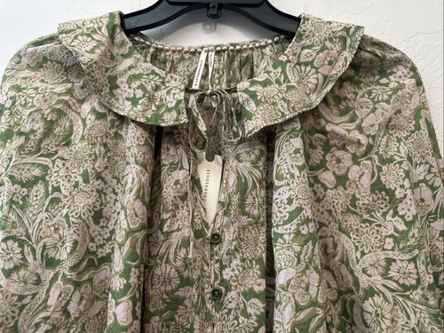 Anthropologie Cotton Ruffled Bell Long Sleeve Floral Green Peasant Blouse Small - Picture 2 of 10