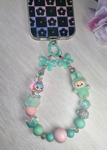 Teal & Pink Fluffy Labubu Handmade Phone Chain Hand-Painted Beads, & More! - Photo 8 sur 8