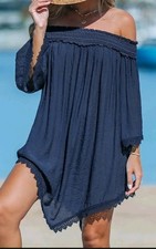 Nwt Cupshe Womens Navy Off Shoulder Asymmetrical Hem Cover-Up DressExtra Large