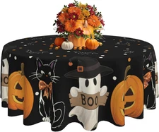 Halloween Tablecloth 60 Inch round Spooky Pumpkin Ghost Cat Design Wrinkle Resis