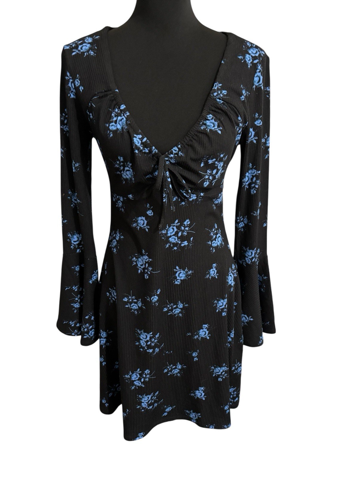 Topshop Womens Size S Mini Dress Boho Floral Bell Sleeve Cottagecore Black Blue