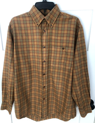 ORVIS M Soft Flannel Wool/Cotton Blend Tan/Brown/ Burgundy Plaid B Down Shirt