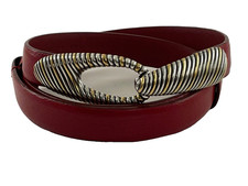 CHICO'S Red Leather Slide Adjustable Belt S/M Silver gold tone metal Hook Buckle