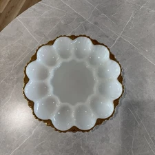 Vintage Anchor Hocking Fire King Milk Glass Deviled Egg Plate Gold Trim 9 3/4"