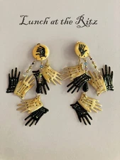 Vintage Lunch at the Ritz Hands Earrings Great Condition Clip on Black and Beige