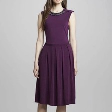 NWOT Tory Burch Eva Dress Beaded Collar Pleated Skirt Wild Plum Women's Size S