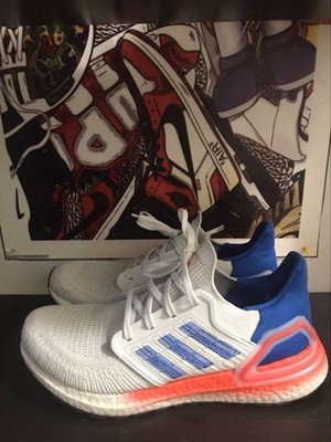 Adidas Ultra Boost 20 White Glory Blue Solar Red USA EG0708 Mens Size 8.5