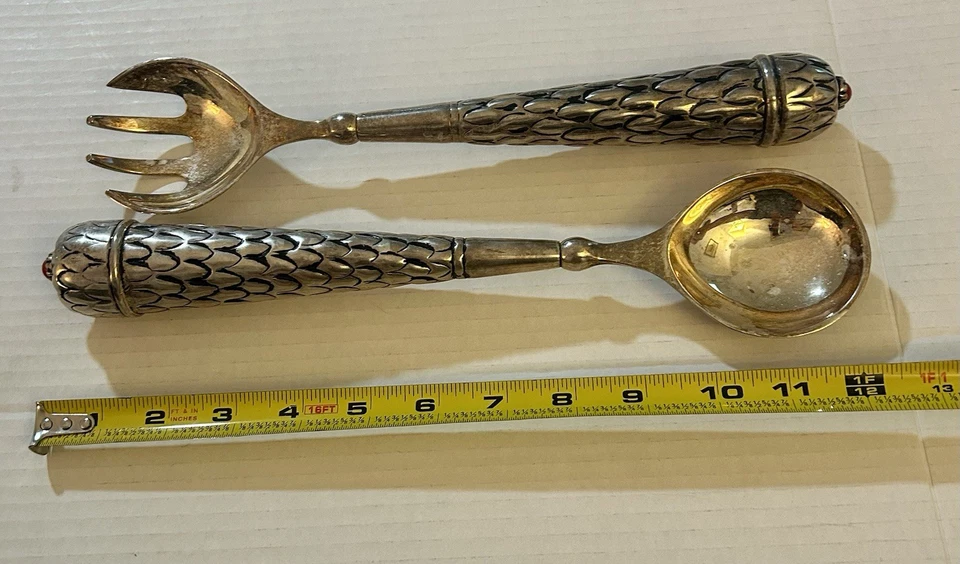 Two's Company Dining Serving Spoon & Fork Vintage Red Tip Weighted 12” Servers - Image 4 of 4