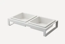 Yamazaki Home Tower Dog Cat Pet Food White Ceramic Bowls Metal Frame Stand Set