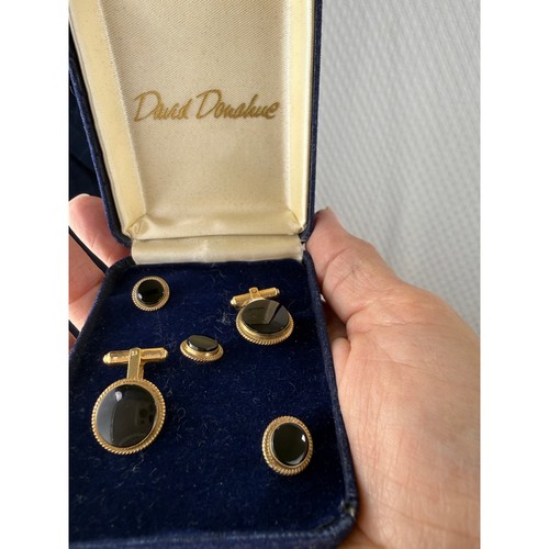 David Donahue Mens Onyx Cufflinks and Studs Set 1/20 14K Gold Filled Vintage Box