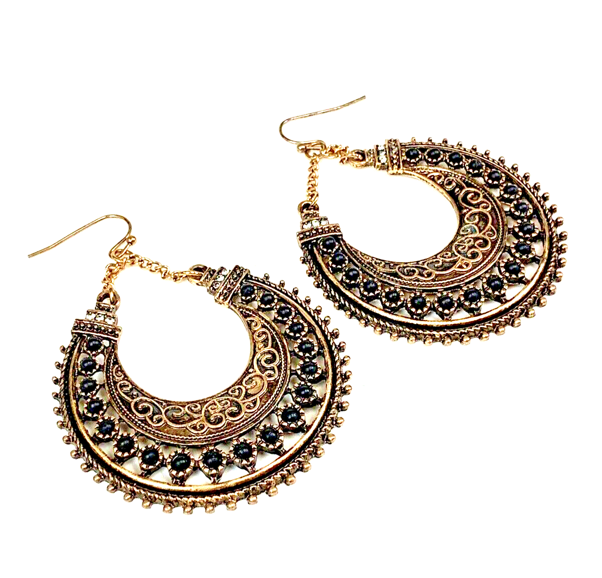Women's Earrings - metal filigree, bohemian style - antique gold w/ black stone