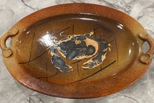 Red Clay Handle Platter With Crab Design, Signed Piece, “DR” 14.75” x 10.25