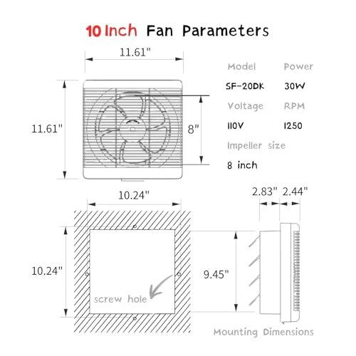 10 Inch Window Shutter Exhaust Fan with Reversible Airflow, 297CFM 30W Wall-M... - Picture 4 of 7