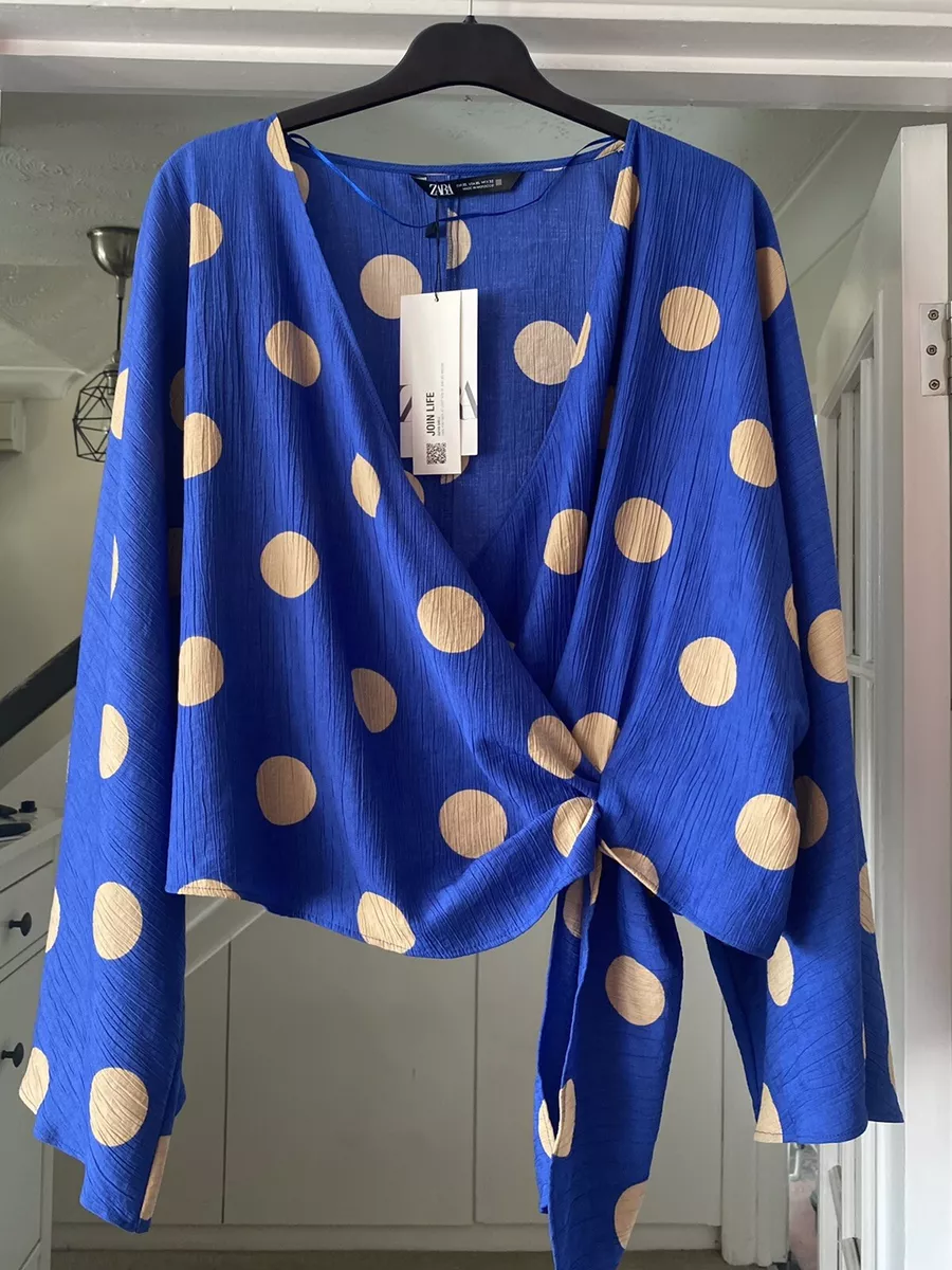 Zara Blue & Ecru Polka Dot Blouse Shirt Top with Tie Detail