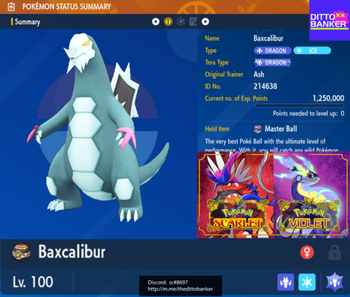 Pokemon Scarlet/Violet ✨SHINY BAXCALIBUR Lv.100 Adamant Steel 6IV w/ Masterball - Picture 1 of 3