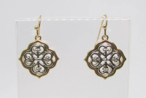 Vintage Two Tone Art Deco Filigree Dangle Retro Costume Jewelry Earrings 31mm