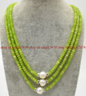 & White Real Pearl Necklace 17-19" 3 Rows 2x4mm Faceted Green Peridot Gemstone