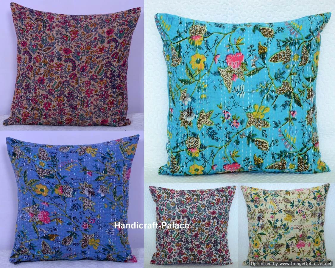 16'' INDIEN HANDMADE CUSHION COVER PILLOW CASE KANTHA WORK ETHNIC THROW DECOR