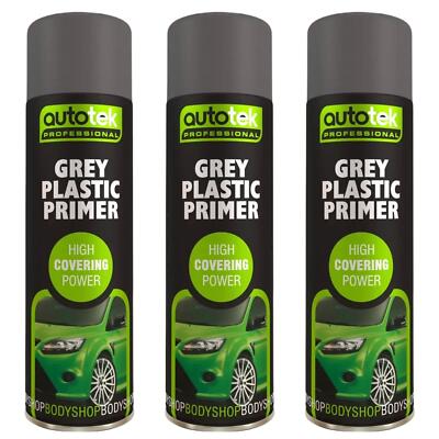 AutoTek Grau Kunststoff Grundierung Mehrzweck Aerosol Sprühfarbe 500ml x3