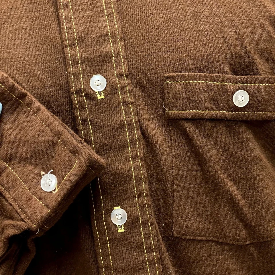 复古 70 年代 Andre Alain 棕色 MOD WHIP STITCH 蝴蝶领嬉皮士迪斯科衬衫 L — 第 4/4 张图片