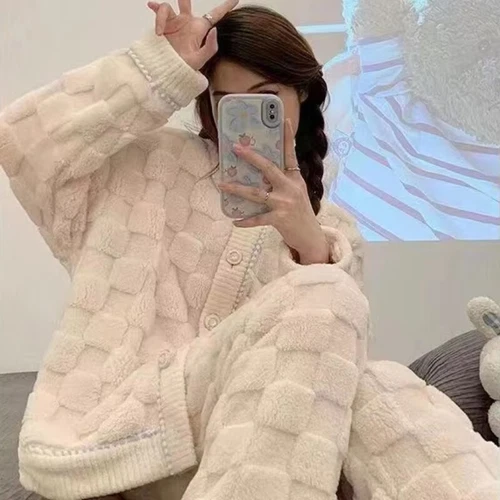 Coral Fleece Pajamas Set Women Lounge Home Suit Warm Sleepwear Homewear Set - Picture 5 of 10