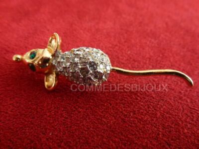 Broche Aimantée Dorée - Motif Souris Marron Fleurie - Neuf Avec étiquettes - Bijou Fantaisie
