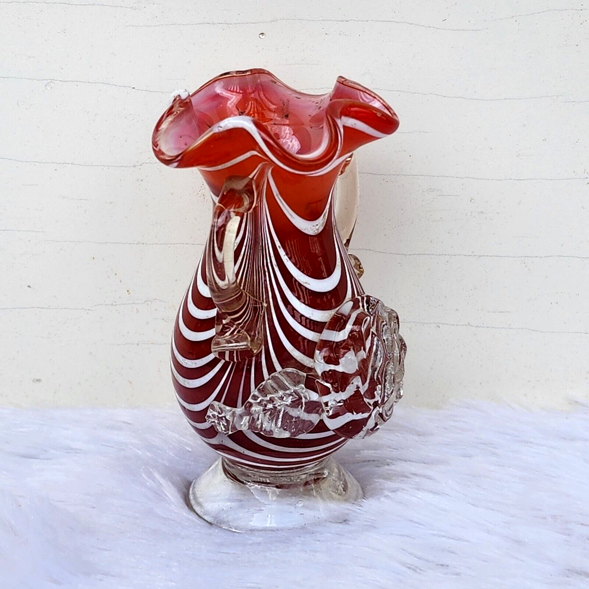 Vintage Swirl Design Floral Red White Glass Pontil Mark