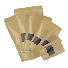 200 Brown Kraft Stand Up Zip Seal Resealable Bags w. Clear Window Variety Sizes