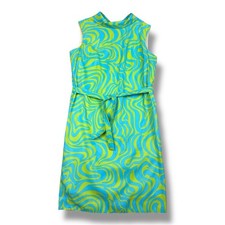 Vtg 70s Fritzi of California Women's Dress Lined Mod Line Green Blue Swirl Belt